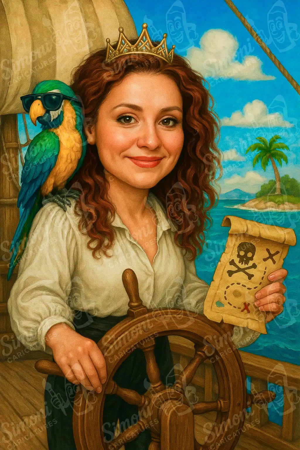 Карикатура на жена пират с папагал и съкровищна карта на кораб от Simoni Caricatures